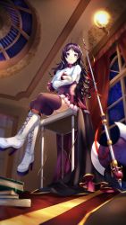 Rule 34 | 1girl, absurdres, ahoge, axe, black thighhighs, boots, breasts, chair, closed mouth, crossed arms, full body, high heel boots, high heels, highres, indoors, knee boots, long hair, looking at viewer, luo qingyu, medium breasts, night, original, purple eyes, purple hair, red skirt, sitting, skirt, sky, solo, star (sky), starry sky, thighhighs, weapon, white footwear, window