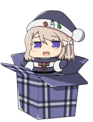 Rule 34 | 1girl, :d, azur lane, black dress, black hat, bow, box, brown hair, chibi, christmas, commentary, dress, gift, gift box, hair bow, hat, hat ornament, highres, in box, in container, looking at viewer, lou7e, open mouth, purple eyes, santa costume, santa dress, santa hat, short hair, smile, solo, transparent background, z23 (azur lane)