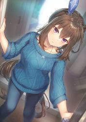 Rule 34 | 1girl, :|, admire vega (umamusume), animal ears, backlighting, blue sweater, blurry, blurry background, blush, bow, brown hair, closed mouth, collarbone, denim, doorway, dutch angle, ear covers, hair between eyes, hair bow, highres, horse ears, horse girl, horse tail, indoors, jeans, jewelry, kawahara minamo, long hair, looking at viewer, low ponytail, necklace, open door, pants, ponytail, pov doorway, purple eyes, sidelocks, single ear cover, solo, standing, sweater, tail, umamusume, white bow