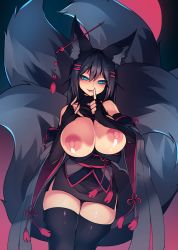 Rule 34 | 1girl, absurdres, animal ears, bare shoulders, black gloves, black hair, black thighhighs, blue eyes, blush, breasts, breasts out, commentary, cowboy shot, detached sleeves, ear piercing, elbow gloves, fang, finger to mouth, fingerless gloves, fox ears, fox girl, fox shadow puppet, fox tail, gloves, hair ornament, hairclip, half-closed eyes, highres, hip focus, huge breasts, index finger raised, japanese clothes, kiri (sub-res), large areolae, large tail, long hair, looking at viewer, multiple tails, naughty face, nipples, open mouth, original, parted lips, piercing, puffy nipples, raised eyebrows, shiny skin, shushing, skindentation, smile, solo, sub-res, tail, thighhighs, thighs, wide sleeves