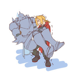 Rule 34 | 2boys, alphonse elric, antenna hair, armor, blonde hair, boots, braid, brothers, carrying, coat, edward elric, full armor, full body, fullmetal alchemist, gloves, male focus, multiple boys, princess carry, red coat, siblings, simple background, standing, sweat, sweatdrop, tabixneko, trembling, white background, yellow eyes