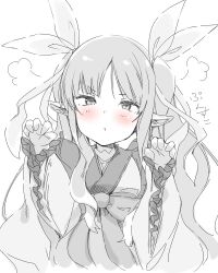 Rule 34 | 1girl, angry, blush, child, elf, greyscale, highres, japanese clothes, kimono, kohaku q, kyoka (princess connect!), long hair, long sleeves, looking at viewer, monochrome, paw pose, pointy ears, pout, pouty lips, princess connect!, simple background, solo, white background