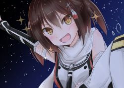 Rule 34 | + +, 1boy, 1girl, :d, absurdres, admiral (kancolle), bare shoulders, black gloves, black necktie, blush, breasts, brown eyes, brown hair, commentary, dress, elbow gloves, erumu (kongou114), excited, fingerless gloves, fishnets, flying sweatdrops, gloves, hair between eyes, hair ornament, highres, holding another&#039;s arm, jacket, kantai collection, locked arms, looking at viewer, medium breasts, necktie, night, night battle idiot, night sky, open mouth, outstretched arm, pov, red dress, scarf, sendai (kancolle), short hair, sky, sleeveless, smile, solo focus, sparkle, sparkling eyes, star (sky), starry sky, two side up, upper body, v-shaped eyebrows, white dress, white jacket, white scarf