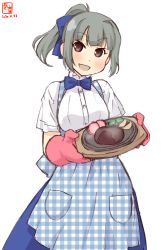 Rule 34 | 1girl, alternate costume, apron, artist logo, blue apron, blue bow, blue bowtie, blue skirt, blunt bangs, bow, bowtie, brown eyes, commentary request, cowboy shot, dated, employee uniform, food, gingham, gingham apron, grey hair, highres, hotplate, kanon (kurogane knights), kantai collection, kobeya, kobeya uniform, looking at viewer, open mouth, oven mitts, pantyhose, plaid, plaid apron, pleated shirt, ponytail, shirt, short sleeves, simple background, skirt, smile, solo, steak, uniform, waitress, white background, white shirt, yuubari (kancolle)