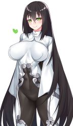 Rule 34 | 1girl, alternate hairstyle, black hair, blush, bodysuit, chinese clothes, fate (series), green eyes, heart, highres, long hair, looking at viewer, qin liangyu (fate), smile, solo, standing, thick thighs, thighs, watosu (watosu mama)