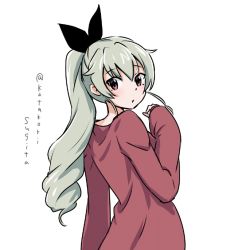 Rule 34 | 1girl, :o, anchovy (girls und panzer), black ribbon, commentary request, drill hair, from behind, girls und panzer, hair ribbon, katakori sugita, long hair, long sleeves, looking at viewer, looking back, one-hour drawing challenge, parted lips, ponytail, red eyes, red shirt, ribbon, shirt, simple background, single drill, solo, standing, twitter username, upper body, white background