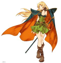 Rule 34 | 1girl, armor, belt, blonde hair, blue cape, breastplate, brown footwear, cape, circlet, closed mouth, deedlit, dot nose, dress, full body, green dress, green eyes, hand up, highres, kotatsu (g-rough), long hair, orange cape, parted bangs, pointy ears, record of lodoss war, shoes, short dress, signature, simple background, smile, solo, standing, two-sided cape, two-sided fabric, very long hair, white background