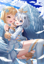 Rule 34 | 2girls, ;d, absurdres, blonde hair, blue sky, breasts, cheek-to-cheek, cleavage, cloud, cloudy sky, commentary request, detached sleeves, dress, feathered wings, flower, genshin impact, grey eyes, hair between eyes, hair flower, hair ornament, halo, heads together, highres, hug, long sleeves, looking at another, lumine (genshin impact), mechanical halo, multiple girls, one eye closed, open mouth, paimon (genshin impact), short hair, short hair with long locks, sidelocks, sky, skym (kumei), smile, white dress, white legwear, white wings, wings, yellow eyes