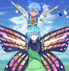 Rule 34 | 3girls, blue background, blue eyes, blue hair, butterfly wings, character request, cirno, commentary request, crossover, dark-skinned female, dark skin, dark souls (series), day, dress, eternity larva, flower, highres, insect wings, kuroda kuwa, leaf, multiple girls, praise the sun, rumia, sky, sunflower, tan, tanned cirno, touhou, wings, yellow eyes