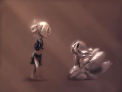 Rule 34 | 2girls, bare legs, barefoot, black skin, blonde hair, brown background, colored skin, commentary request, dark-skinned female, dark skin, extra arms, eye contact, faputa, from side, full body, hair rings, hand up, highres, irumyuui, light rays, looking at another, looking down, looking up, made in abyss, marudoll, midriff, monster girl, mother and daughter, multiple girls, nude, profile, seiza, side slit, simple background, sitting, skirt, torn clothes, torn skirt, walking, white fur, white hair, yellow eyes