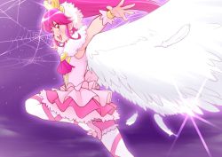 Rule 34 | 10s, 1girl, :d, aino megumi, angel wings, armpits, ballerina, bridal garter, brooch, cure lovely, earrings, frills, happinesscharge precure!, heart, heart brooch, high heels, highres, jewelry, long hair, magical girl, ogry ching, open mouth, outstretched arms, pantyhose, pink eyes, pink hair, pink skirt, ponytail, precure, purple background, silk, skirt, smile, solo, spider web, spread arms, standing, standing on one leg, super happiness lovely, tiara, white pantyhose, white wings, wide ponytail, wings, wrist cuffs