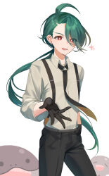 Rule 34 | 1girl, ahoge, black gloves, black necktie, black pants, bright pupils, clodsire, coletta (colet colettia), collared shirt, commentary request, creatures (company), earrings, game freak, gloves, green hair, hand on own hip, highres, jewelry, long hair, necktie, nintendo, open mouth, paldean wooper, pants, pokemon, pokemon (creature), pokemon sv, ponytail, red eyes, rika (pokemon), shirt, smile, suspenders, white background, white pupils