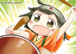 Rule 34 | &gt;:d, 1girl, :d, artist name, brown eyes, brown hair, chibi, commentary, dated, drum, drumsticks, hachimaki, headband, hinata yuu, hiryuu (kancolle), hiryuu kai ni (kancolle), instrument, japanese clothes, kantai collection, one side up, open mouth, short hair, smile, solo, v-shaped eyebrows