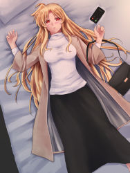 Rule 34 | 1girl, bag, bed sheet, black skirt, blonde hair, blush, breasts, brown coat, cellphone, coat, fate testarossa, from above, hair between eyes, handbag, highres, long hair, long skirt, looking at viewer, lying, lyrical nanoha, mahou shoujo lyrical nanoha strikers, medium breasts, on back, open clothes, open coat, open mouth, phone, red eyes, ribbed sweater, skirt, smartphone, solo, sougetsu izuki, sweater, very long hair, white sweater