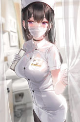 Rule 34 | 1girl, bed, blush, breasts, brown hair, choker, clipboard, commentary request, feet out of frame, gloves, hair tie, hat, highres, holding, holding clipboard, hospital bed, id card, kfr, large breasts, looking at viewer, mask, mouth mask, nurse, nurse cap, original, pantyhose, purple eyes, sidelocks, solo, surgical mask, uniform, white gloves