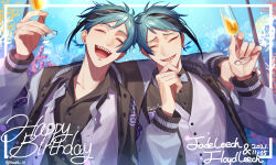 Rule 34 | 13 (bbr584607091), 2boys, aqua hair, arm around shoulder, black hair, black shirt, bow, bowtie, brothers, champagne flute, character name, closed eyes, commentary, coral, cup, dated, drinking glass, earrings, floyd leech, hand up, happy, happy birthday, highres, holding, holding cup, jacket, jade leech, jewelry, letterman jacket, long sleeves, male focus, multicolored hair, multiple boys, official alternate costume, open mouth, purple bow, purple bowtie, purple vest, shirt, siblings, single earring, smile, streaked hair, symbol-only commentary, twisted wonderland, twitter username, underwater, undone bowtie, upper body, vest