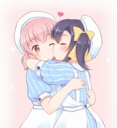 Rule 34 | 2girls, ;), ^ ^, akeyama, apron, arms around neck, beret, black hair, blue dress, blush, bow, closed eyes, closed mouth, dress, hair bow, hakuisei aijou isonshou, hands on another&#039;s back, hat, heart, hug, incest, multiple girls, nurse, one eye closed, oosachi asuka, oosachi nao, pink background, pink eyes, pink hair, profile, puffy short sleeves, puffy sleeves, short sleeves, short twintails, siblings, sideways mouth, sisters, smile, star (symbol), striped clothes, striped dress, twintails, white hat, yellow bow, yuri