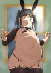 Rule 34 | 1girl, belly, black hair, bow, bowtie, breasts, cuffs, fat, garter straps, hair ornament, highres, lingerie, maebari, meme attire, mizukane, original, plump, rabbit ears, reverse bunnysuit, reverse outfit, small breasts, solo, standing, tape, thighhighs, twintails, underwear, yellow eyes