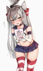 Rule 34 | 1girl, amatsukaze (kancolle), black panties, blue skirt, blush, book, chigasaki yukari, cosplay, elbow gloves, flying sweatdrops, gloves, grey hair, hair tubes, highleg, highleg panties, highres, holding, holding book, kantai collection, long hair, looking at viewer, manga (object), miniskirt, open mouth, orange eyes, panties, revision, sailor collar, school uniform, serafuku, shimakaze (kancolle), shimakaze (kancolle) (cosplay), simple background, skirt, sleeveless, smoke, solo, steam, striped clothes, striped thighhighs, thighhighs, two side up, underwear, white background, white gloves