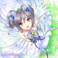 Rule 34 | 10s, 1girl, bouquet, bow, collarbone, commentary request, dress, drill hair, eyebrows, flower, from above, gloves, grass, hair between eyes, hair flower, hair ornament, hand up, holding, holding bouquet, holding flower, idolmaster, idolmaster cinderella girls, idolmaster cinderella girls starlight stage, kanzaki ranko, long hair, looking at viewer, maou (demonlord), open mouth, outstretched hand, petals, purple eyes, ribbon, silver hair, sketch, sleeveless, sleeveless dress, smile, solo, spaghetti strap, twintails, twitter username, white dress, white gloves