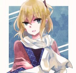 Rule 34 | 1girl, aqua eyes, aridamikannn, blonde hair, blue background, border, crossed arms, hair between eyes, looking at viewer, medium hair, mizuhashi parsee, open mouth, pointy ears, scarf, simple background, solo, touhou, upper body, white border, white scarf