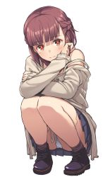 Rule 34 | 1girl, android girl (itou), blunt bangs, blush, braid, brown eyes, brown hair, brown socks, commentary, elbows on knees, french braid, full body, half updo, head tilt, highres, itou (onsoku tassha), joints, knees together feet apart, long sleeves, looking at viewer, miniskirt, nervous smile, off shoulder, original, panties, pantyshot, pleated skirt, robot joints, self hug, shoes, simple background, skirt, smile, socks, solo, squatting, underwear, white background, white panties