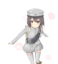 Rule 34 | 10s, 1girl, akitsu maru (kancolle), artist request, backpack, bag, black hair, buttons, grey eyes, grey skirt, grey thighhighs, hat, kantai collection, kotowa ruko, leaning, leaning forward, leg up, long sleeves, military, military uniform, open mouth, pale skin, pleated skirt, randoseru, short hair, simple background, skirt, solo, strap, thighhighs, uniform, white background