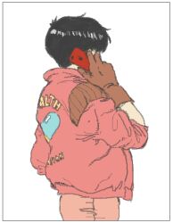 Rule 34 | 1girl, akira (manga), black hair, brown gloves, cellphone, gloves, jacket, kaneda shoutarou (akira), lowres, phone, red jacket, simple background, solo, talking on phone, tora0820, white background