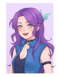 Rule 34 | 1girl, abigail (stardew valley), absurdres, aqua eyes, aqua ribbon, artist name, black choker, black shirt, blue jacket, blush, border, choker, collarbone, commentary, english commentary, hair ribbon, highres, jacket, lips, long hair, looking at viewer, mugen0017, open clothes, open jacket, outside border, pink lips, purple background, purple hair, ribbon, shirt, simple background, sleeveless, sleeveless jacket, smile, solo, stardew valley, teeth, white border