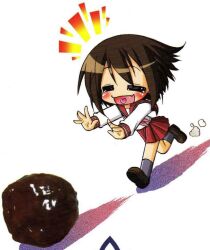 Rule 34 | 1girl, :3, :d, = =, blush, brown footwear, brown hair, chasing, chibi, chibi only, collared shirt, comiket 73, cover image, dress shirt, fang, food, grey socks, happy, heart, heart in mouth, imakixxx, kusakabe misao, lucky star, meatball, mini person, minigirl, neckerchief, notice lines, open mouth, pink neckerchief, pleated skirt, puff of air, raised eyebrows, red sailor collar, red skirt, running, ryouou school uniform, sailor collar, scan, scan artifacts, school uniform, screentones, serafuku, shadow, shiny skin, shirt, short hair, simple background, skirt, smile, socks, solo, tan, third-party source, very short hair, white background, white shirt