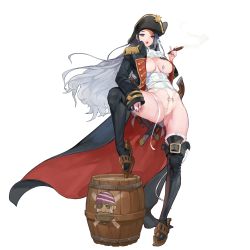 Rule 34 | 1girl, barrel, black cape, blue eyes, blue hair, boots, breasts, cape, cigar, full body, game cg, gun, hat, heart, highres, holding, large breasts, last origin, leg up, long hair, looking at viewer, nail polish, official art, pirate, pirate costume, pirate hat, revealing clothes, rorobomb, smoke, smoke heart, smoking, solo, tachi-e, transparent background, very long hair, war wolf (last origin), weapon