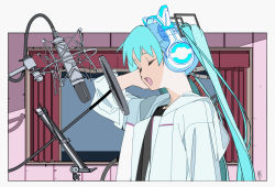 Rule 34 | animal ear headphones, black shirt, cat ear headphones, closed eyes, commentary, curtains, edoya inuhachi, english commentary, fake animal ears, from side, hair ornament, hands on headphones, hatsune miku, headphones, highres, hood, hooded jacket, indoors, jacket, long hair, microphone, music, music stand, open mouth, recording studio, shirt, singing, solo, twintails, upper body, very long hair, vocaloid, white jacket