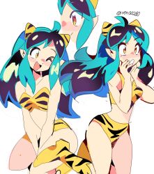 Rule 34 | 1girl, animal print, aqua hair, bare shoulders, bikini, blue eyes, blush, boots, bra, breasts, cleavage, clenched teeth, cone horns, cowboy shot, feet out of frame, full body, highres, horns, long hair, looking at another, looking at viewer, looking to the side, lum, medium breasts, midriff, multicolored hair, navel, one eye closed, oni, open mouth, panties, pointy ears, print footwear, simple background, smile, solo, strapless, strapless bikini, swimsuit, teeth, thick eyelashes, tiger print, twitter username, two-tone hair, underwear, urusei yatsura, watermark, white background, yellow eyes, yen0028