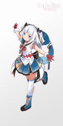 Rule 34 | 1girl, adapted costume, alternate costume, black hairband, blue hair, blue skirt, blunt bangs, commentary, commentary typo, copyright name, english commentary, fins, fish tail, gawr gura, gloves, gradient background, hairband, highres, hololive, hololive english, idol clothes, kobi (piliheros2000), logo, multicolored hair, open hands, red gloves, shark tail, skirt, smile, smug, solo, streaked hair, tail, thighhighs, two side up, v-shaped eyebrows, virtual youtuber, white hair