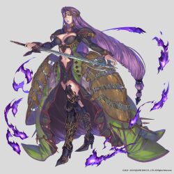 Rule 34 | 1girl, armored boots, boots, breasts, cleavage, closed mouth, clothing cutout, dress, full body, hair ornament, hel (valkyrie profile), high heel boots, high heels, highres, holding, holding sword, holding weapon, large breasts, long hair, long sleeves, navel, official art, purple hair, purple lips, red eyes, simple background, solo, stomach cutout, sword, third-party source, valkyrie anatomia, valkyrie profile (series), very long hair, weapon