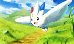 Rule 34 | :d, black eyes, cloud, commentary request, creatures (company), day, flying, game freak, gen 4 pokemon, grass, happy, mountain, nintendo, open mouth, outdoors, pokemon, pokemon (creature), rock, rowdon, sky, smile, solo, togekiss, tongue, wings
