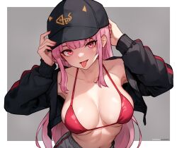 Rule 34 | 1girl, :p, adjusting clothes, adjusting headwear, baseball cap, bikini, bikini top only, bikini under clothes, black baseball cap, black hat, black jacket, bluefield, border, breasts, cleavage, collarbone, commentary, facing viewer, grey background, grey pants, halterneck, hat, highres, hololive, hololive english, jacket, large breasts, long hair, long sleeves, looking at viewer, midriff, mori calliope, mori calliope (streetwear), navel, open clothes, open jacket, outside border, pants, patreon username, pink eyes, pink hair, red bikini, sidelocks, simple background, solo, stomach, swimsuit, tongue, tongue out, upper body, very long hair, virtual youtuber, white border