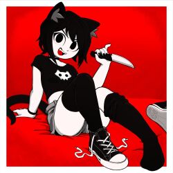 Rule 34 | 1girl, animal ears, arm support, black choker, black eyes, black hair, black shirt, black thighhighs, bracelet, cat ears, cat girl, cat tail, choker, colored skin, converse, fangs, gato del futuro, highres, holding, holding knife, jewelry, knife, looking at viewer, marie (gato del futuro), original, pinky out, red background, red theme, shirt, shoes, short hair, short shorts, shorts, single shoe, sitting, solo, tail, thighhighs, thighs, untied shoe, unworn shoes, v-shaped eyebrows, white skin, zettai ryouiki