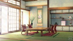 Rule 34 | artist name, commentary request, eru (erutwd), flower, highres, no humans, original, painting (object), plant, plate, scenery, seat, shelf, sunlight, table, tatami, teapot, vase
