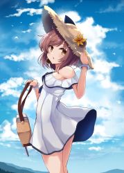 Rule 34 | 1girl, :o, alternate costume, bag, bangle, bird, blush, bracelet, brown eyes, brown hair, cloud, day, dress, flower, from side, hat, hat flower, highres, jewelry, kantai collection, mountain, open mouth, outdoors, short hair, sky, solo, soramuko, straw hat, sundress, thighs, white dress, yukikaze (kancolle)