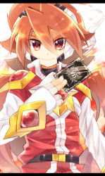 Rule 34 | 1boy, brown hair, card, coat, fingerless gloves, gloves, holding, holding card, long sleeves, looking at viewer, male focus, red coat, red eyes, rento (rukeai), saikyou ginga ultimate zero ~battle spirits~, smile, solo, spiked hair, white gloves, zero the burning