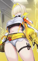 Rule 34 | 1girl, absurdres, ahoge, black gloves, black sports bra, blonde hair, breasts, clothing cutout, crop top, cropped sweater, echanis enicha, electricity, elegg (nikke), exposed pocket, gloves, goddess of victory: nikke, grey shorts, hair intakes, hair over eyes, highres, large breasts, long bangs, long sleeves, micro shorts, multicolored clothes, multicolored gloves, multicolored hair, navel, purple eyes, short hair, shorts, shoulder cutout, skindentation, solo, sports bra, suspender shorts, suspenders, thigh strap, thighs, two-tone hair, yellow gloves