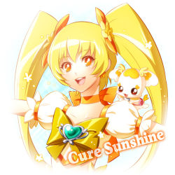 Rule 34 | 10s, 1girl, :d, bad id, bad pixiv id, blonde hair, bow, brooch, character name, cure sunshine, eyelashes, hair ribbon, heart, heart brooch, heartcatch precure!, kuren, long hair, magical girl, myoudouin itsuki, open mouth, potpourri (heartcatch precure!), precure, ribbon, smile, twintails, very long hair, yellow bow, yellow eyes, yellow theme