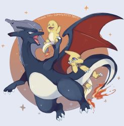 Rule 34 | :d, ^ ^, alternate color, charizard, charmander, charmeleon, closed eyes, commentary, creature, creatures (company), dragon, english commentary, english text, evolutionary line, fiery tail, fire, fire, flame-tipped tail, flying, game freak, gen 1 pokemon, highres, hoko (coornxx), holding, holding pokemon, horns, nintendo, no humans, open mouth, pokemon, pokemon (creature), shiny pokemon, signature, single horn, smile, sparkle, tail, thank you