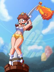 Rule 34 | 1girl, angry, ball gag, bdsm, blue sky, blush, bondage, bound, breasts, castle, cleavage, earrings, embarrassed, flagpole, flower earrings, gag, gagged, gloves, highres, humiliation, jewelry, legs, mario (series), medium breasts, midriff, navel, nintendo, panties, princess daisy, rope, shaxbert, sky, solo, super mario bros. 1, super mario land, tagme, tank top, tomboy, underwear, yellow panties