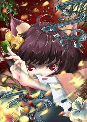 Rule 34 | 1girl, absurdres, ahoge, animal ears, branch, brown hair, cat ears, cat girl, commentary request, covering own mouth, embers, flower, frilled sleeves, frills, hand over own mouth, highres, holding, holding mahjong tile, ichihime, japanese clothes, kimono, looking at viewer, mahjong, mahjong soul, mahjong tile, medium bangs, mee (meee meee), pink flower, pink kimono, plant, red background, red eyes, short hair, solo, spider lily, upper body, water, white flower, wide sleeves