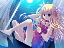 Rule 34 | 1girl, barefoot, blonde hair, blue eyes, cup, curtains, dress, feet, flat chest, hair ribbon, himemiya hiori, indoors, moon, night, night sky, ribbon, sitting, sky, solo, stellula eques, teacup, twintails, window