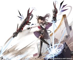 Rule 34 | 1girl, black gloves, black hair, boots, capelet, dutch angle, floating, floating object, floating weapon, gloves, headgear, high heel boots, high heels, highres, kim eb, long hair, open mouth, outstretched arm, own hands together, profile, punishing: gray raven, red eyes, solo, standing, thigh boots, thighhighs, tifa (punishing: gray raven), white background