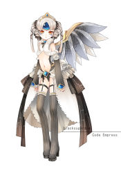 Rule 34 | 1girl, code: empress (elsword), crown, detached sleeves, elsword, eve (elsword), facial mark, forehead jewel, full body, garter straps, grey thighhighs, kokutou mimi, long sleeves, looking at viewer, navel, skirt, solo, standing, tagme, thighhighs, white background, wings, yellow eyes