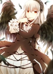 Rule 34 | 1girl, bad id, bad pixiv id, cross, doll joints, dress, feathers, flower, frills, gothic lolita, hairband, joints, lolita fashion, long hair, long sleeves, nyowaa417, puffy sleeves, red eyes, ribbon, rozen maiden, silver hair, smile, solo, suigintou, white background, wings